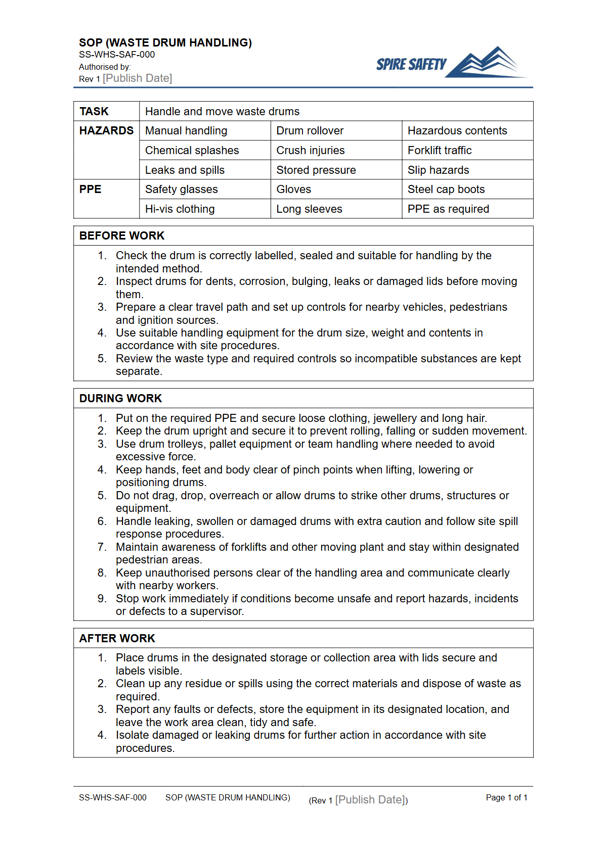 Free Safe Operating Procedure (Waste Drum Handling) Template — document preview