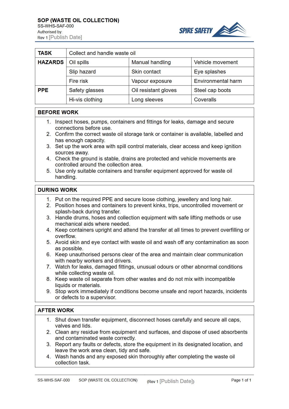 Free Safe Operating Procedure (Waste Oil Collection) Template — document preview