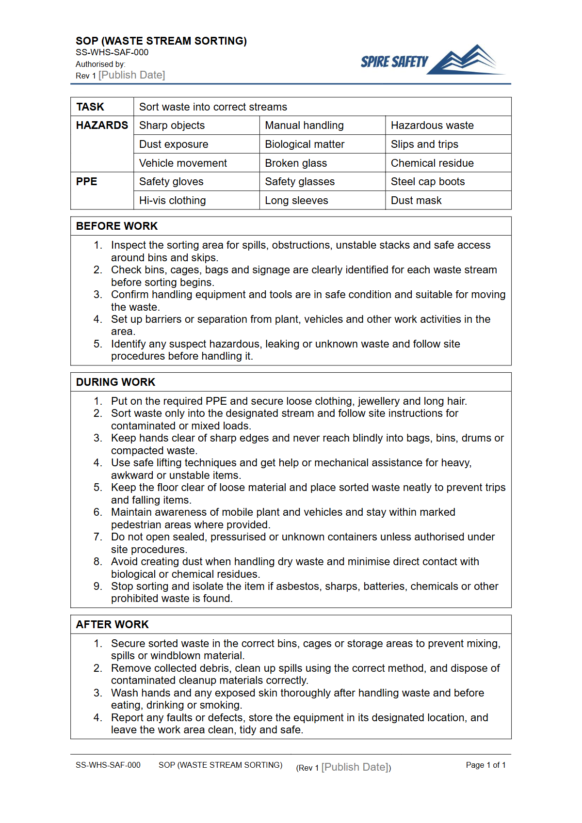 Free Safe Operating Procedure (Waste Stream Sorting) Template — document preview