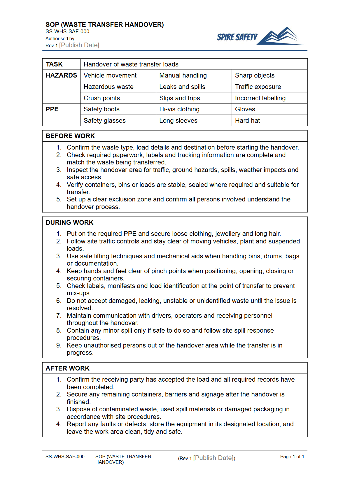 Free Safe Operating Procedure (Waste Transfer Handover) Template — document preview
