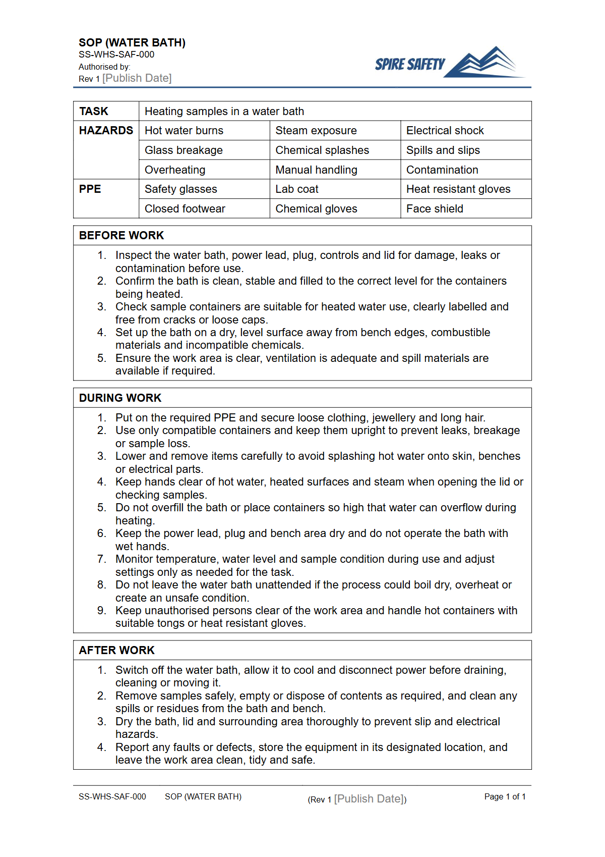 Free Safe Operating Procedure (Water Bath) Template — document preview