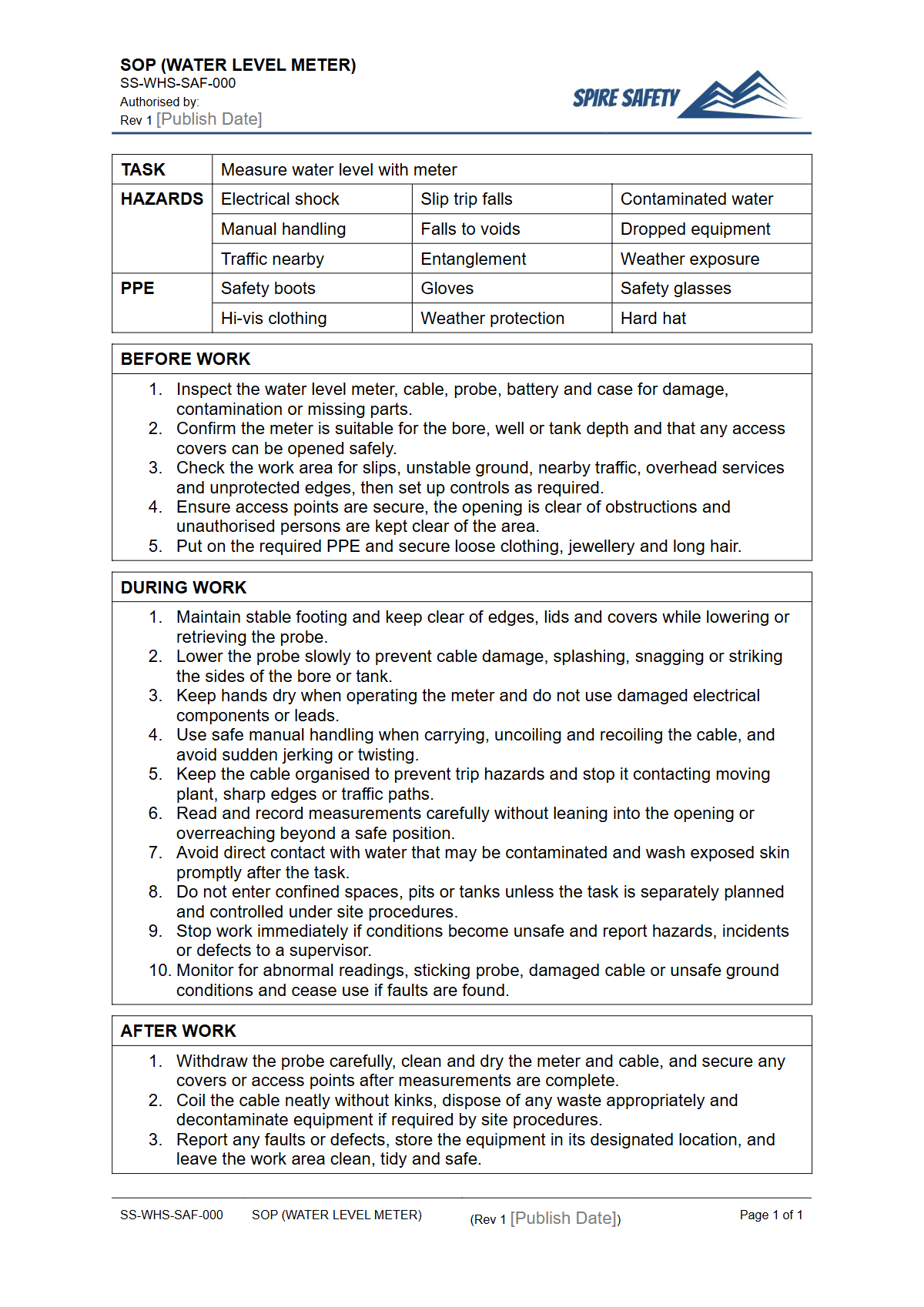 Free Safe Operating Procedure (Water Level Meter) Template — document preview
