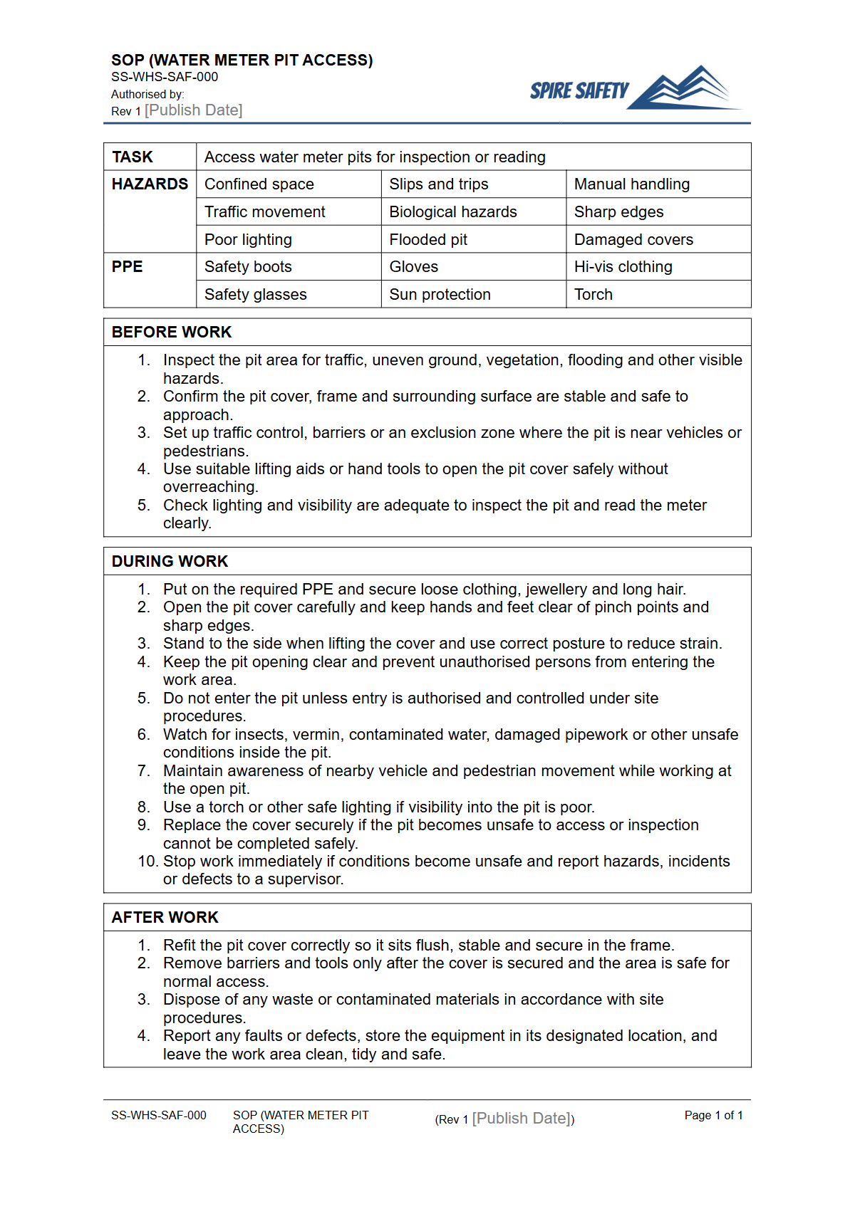 Free Safe Operating Procedure (Water Meter Pit Access) Template — document preview