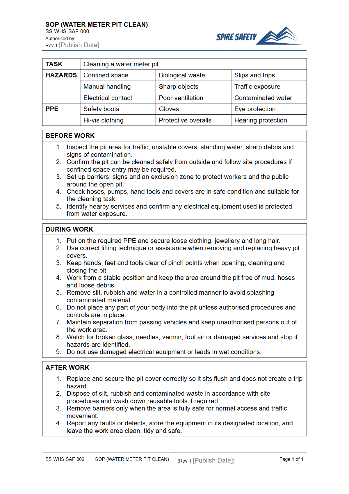 Free Safe Operating Procedure (Water Meter Pit Clean) Template — document preview