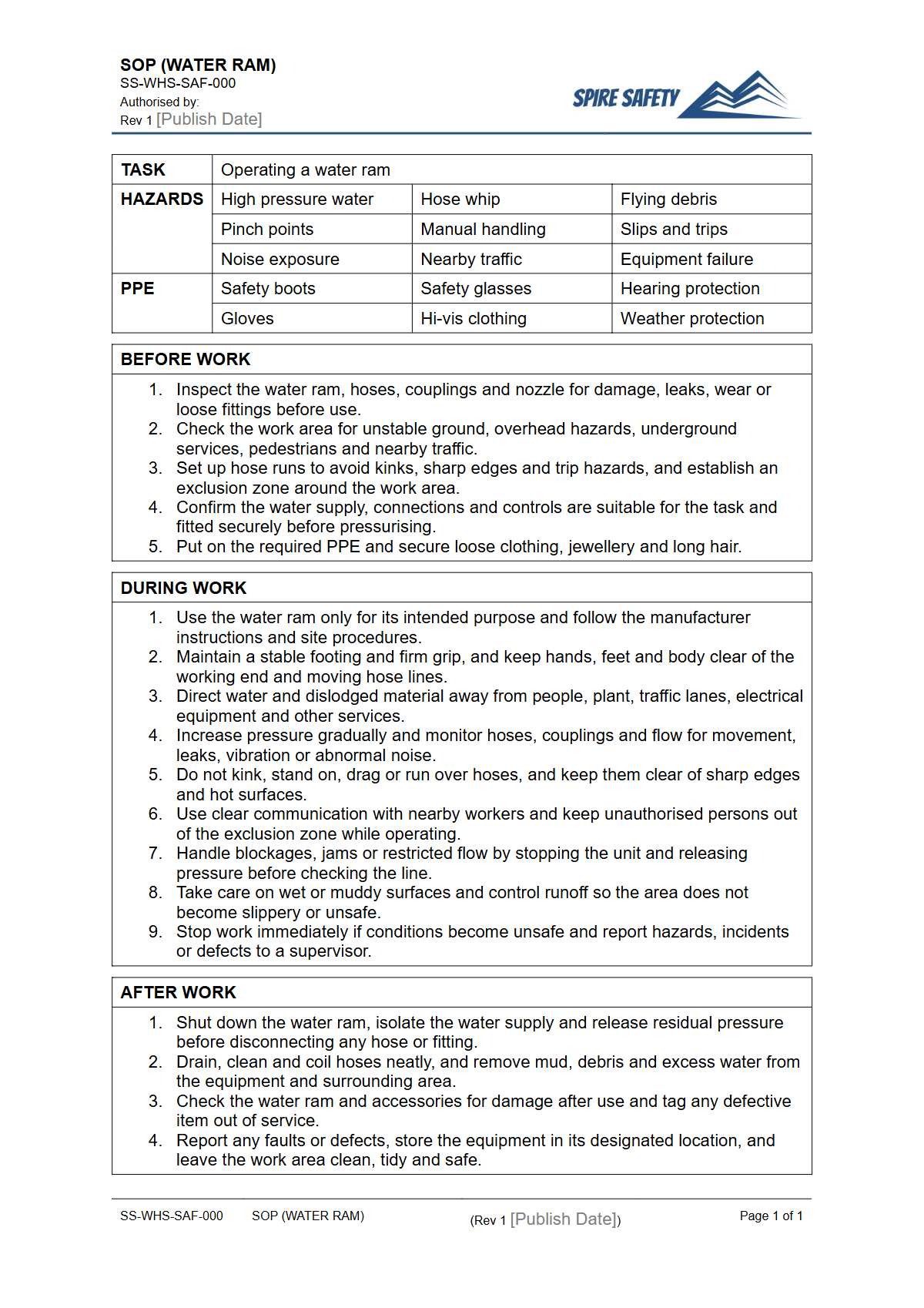 Free Safe Operating Procedure (Water Ram) Template — document preview