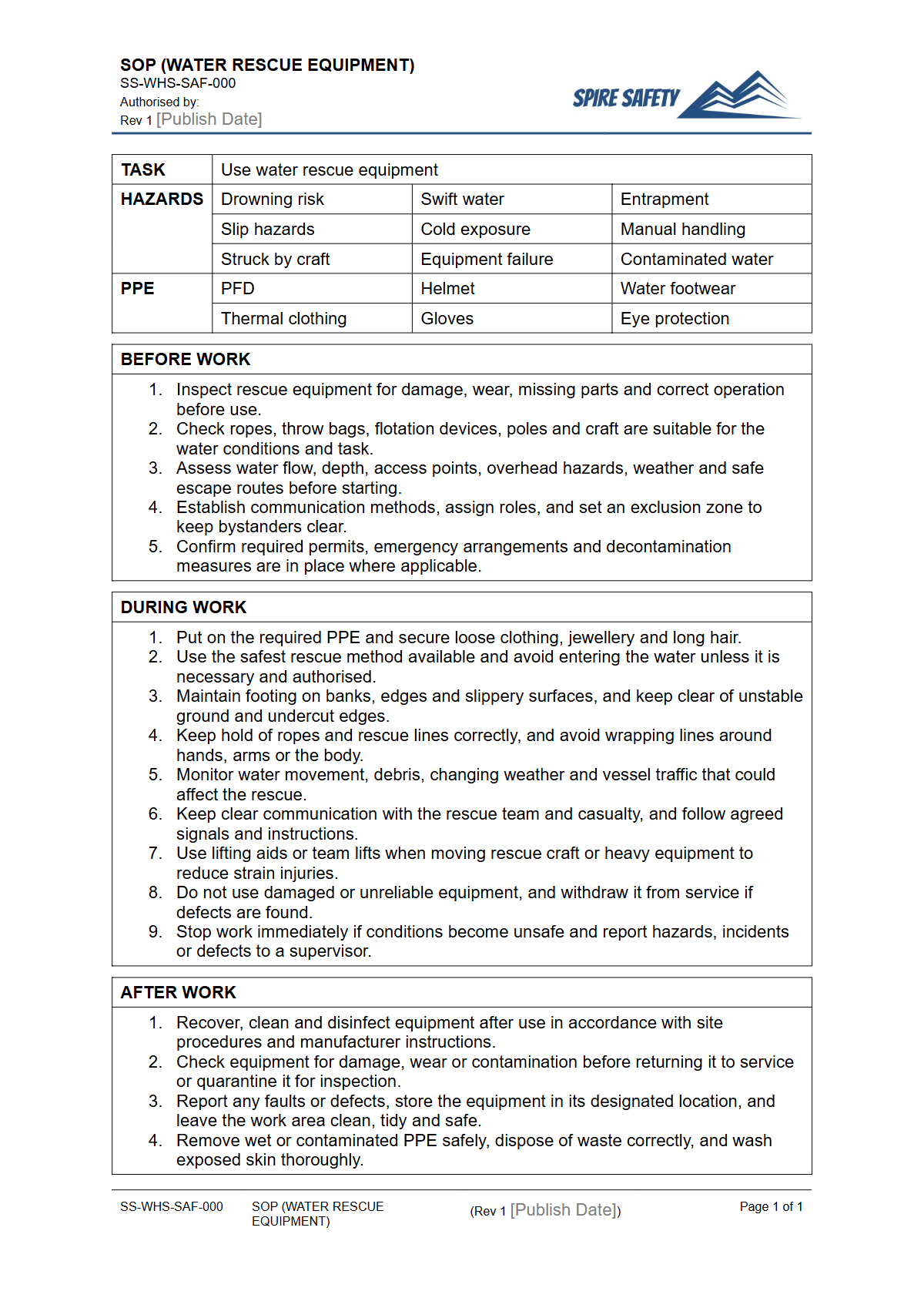Free Safe Operating Procedure (Water Rescue Equipment) Template — document preview