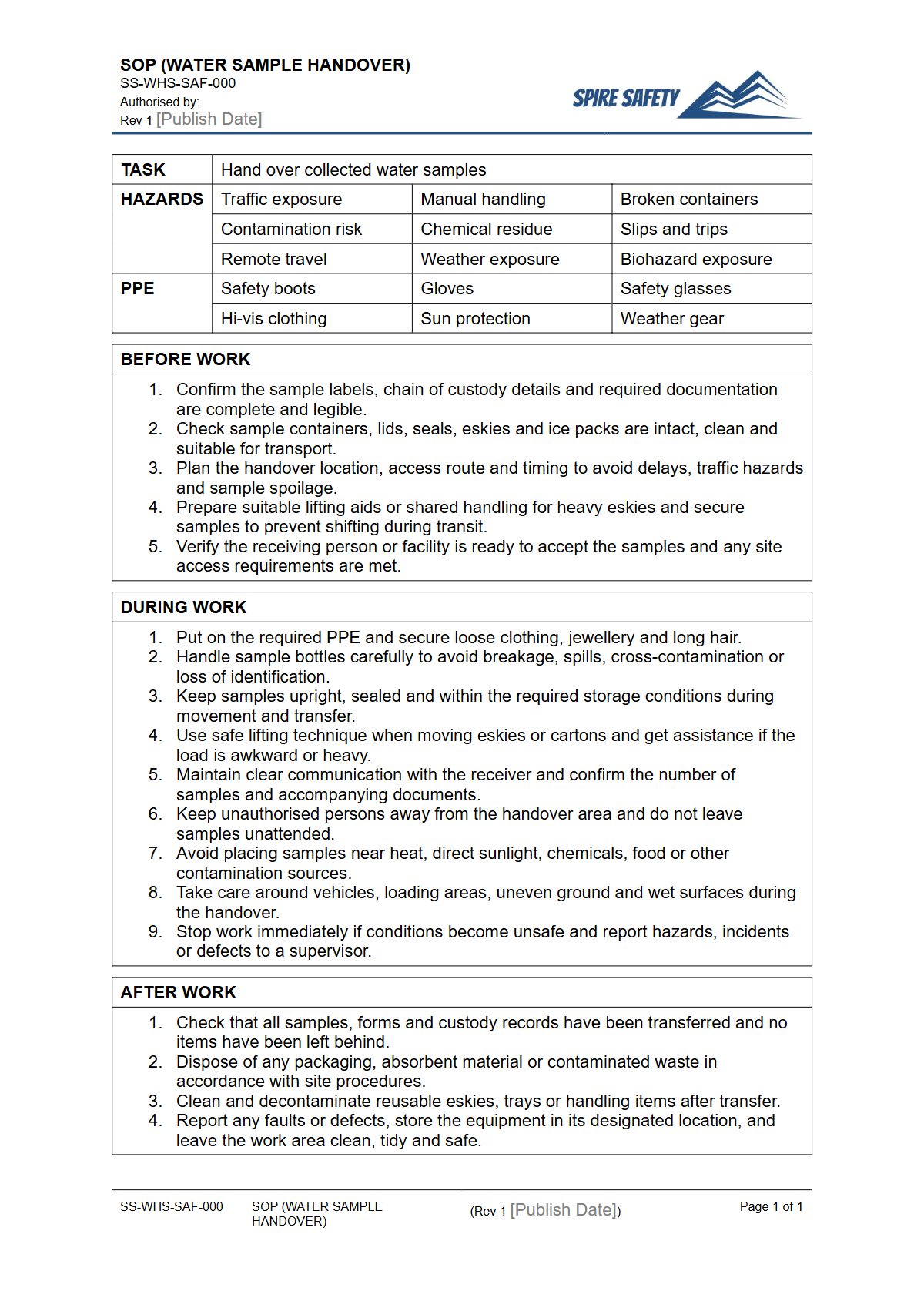 Free Safe Operating Procedure (Water Sample Handover) Template — document preview