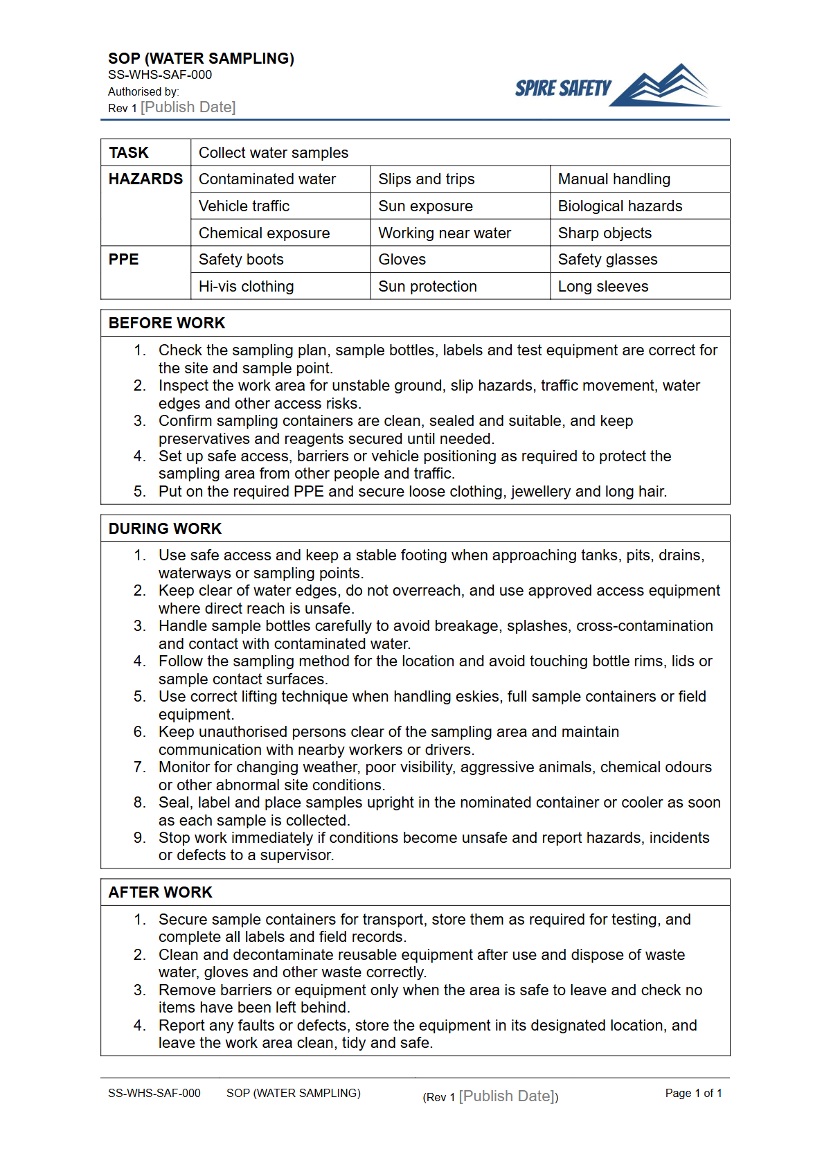 Free Safe Operating Procedure (Water Sampling) Template — document preview