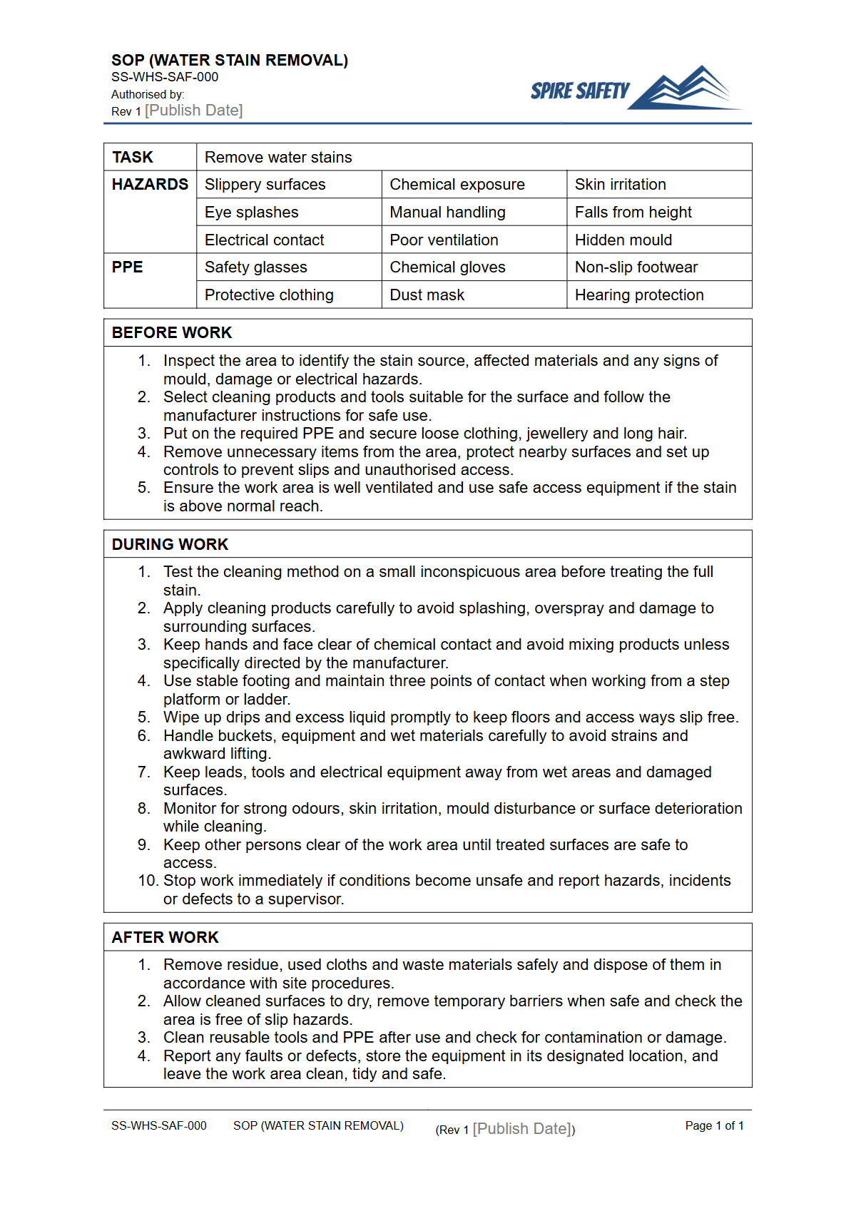 Free Safe Operating Procedure (Water Stain Removal) Template — document preview