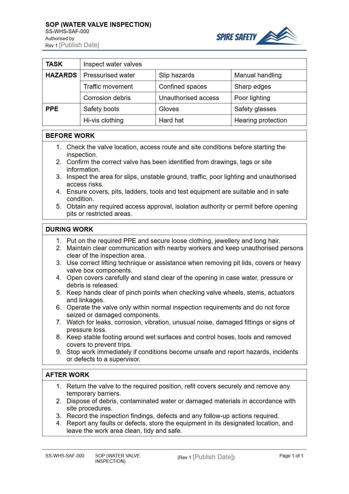 Free Safe Operating Procedure (Water Valve Inspection) Template — document preview