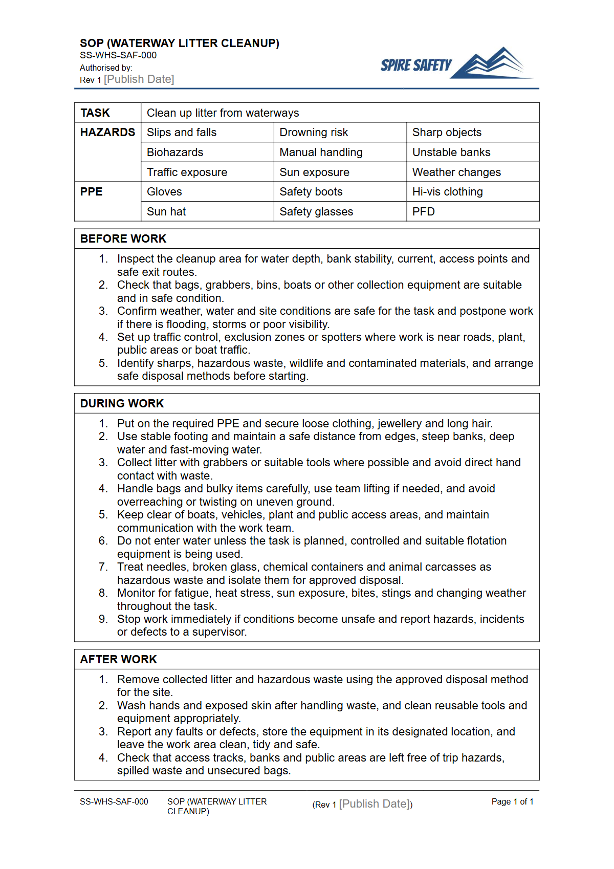Free Safe Operating Procedure (Waterway Litter Cleanup) Template — document preview