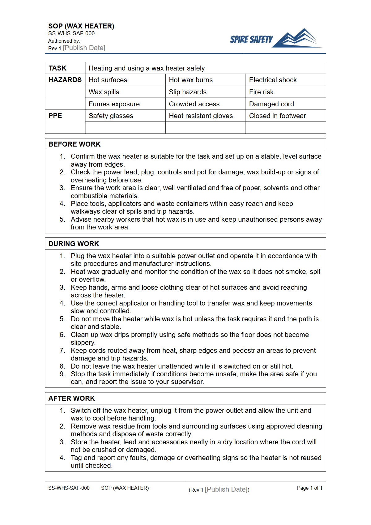 Free Safe Operating Procedure (Wax Heater) Template — document preview