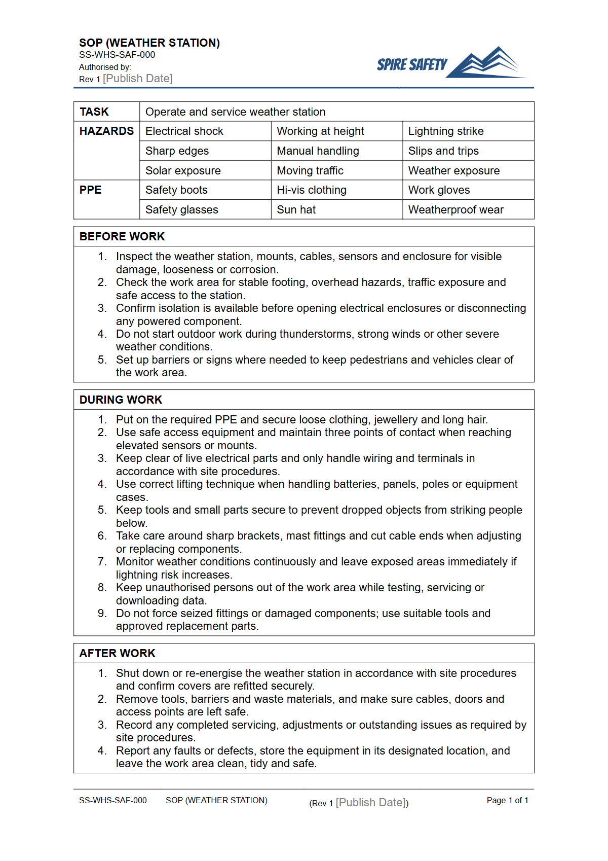 Free Safe Operating Procedure (Weather Station) Template — document preview