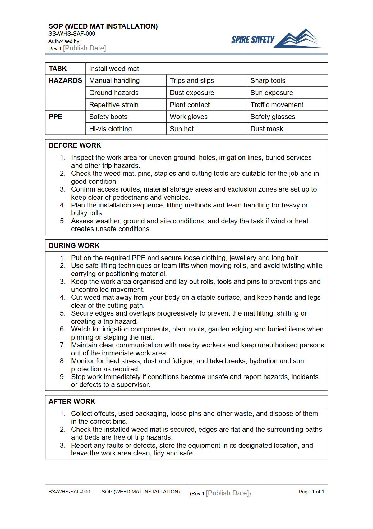 Free Safe Operating Procedure (Weed Mat Installation) Template — document preview