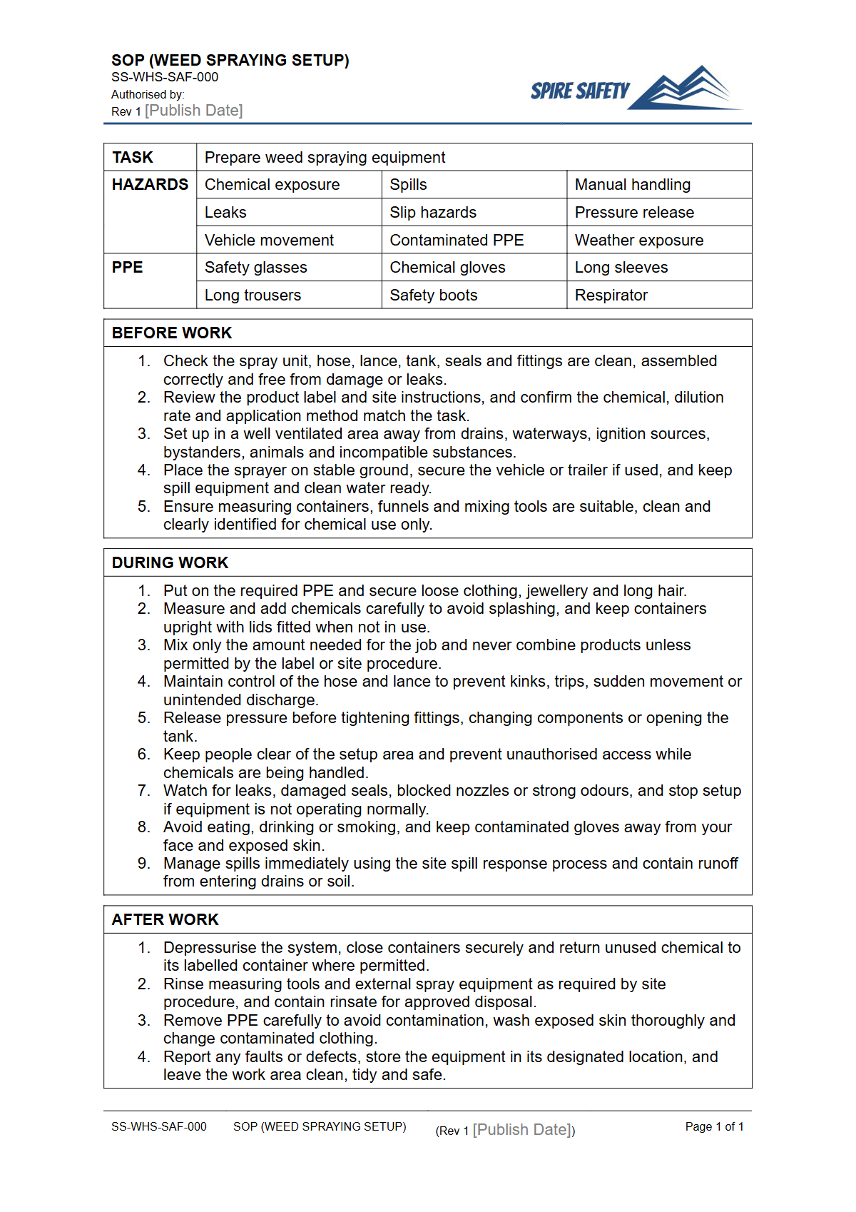 Free Safe Operating Procedure (Weed Spraying Setup) Template — document preview