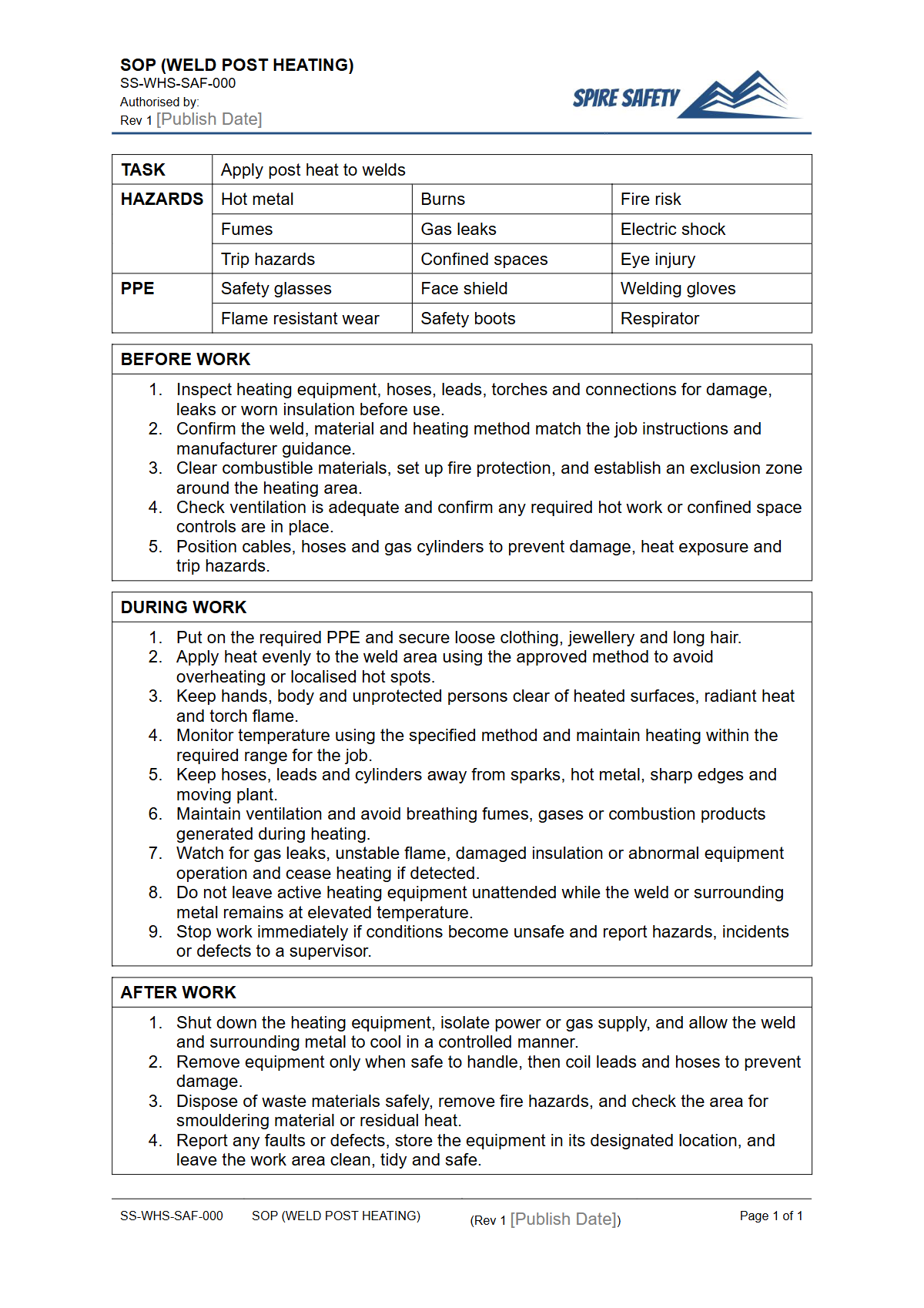 Free Safe Operating Procedure (Weld Post Heating) Template — document preview