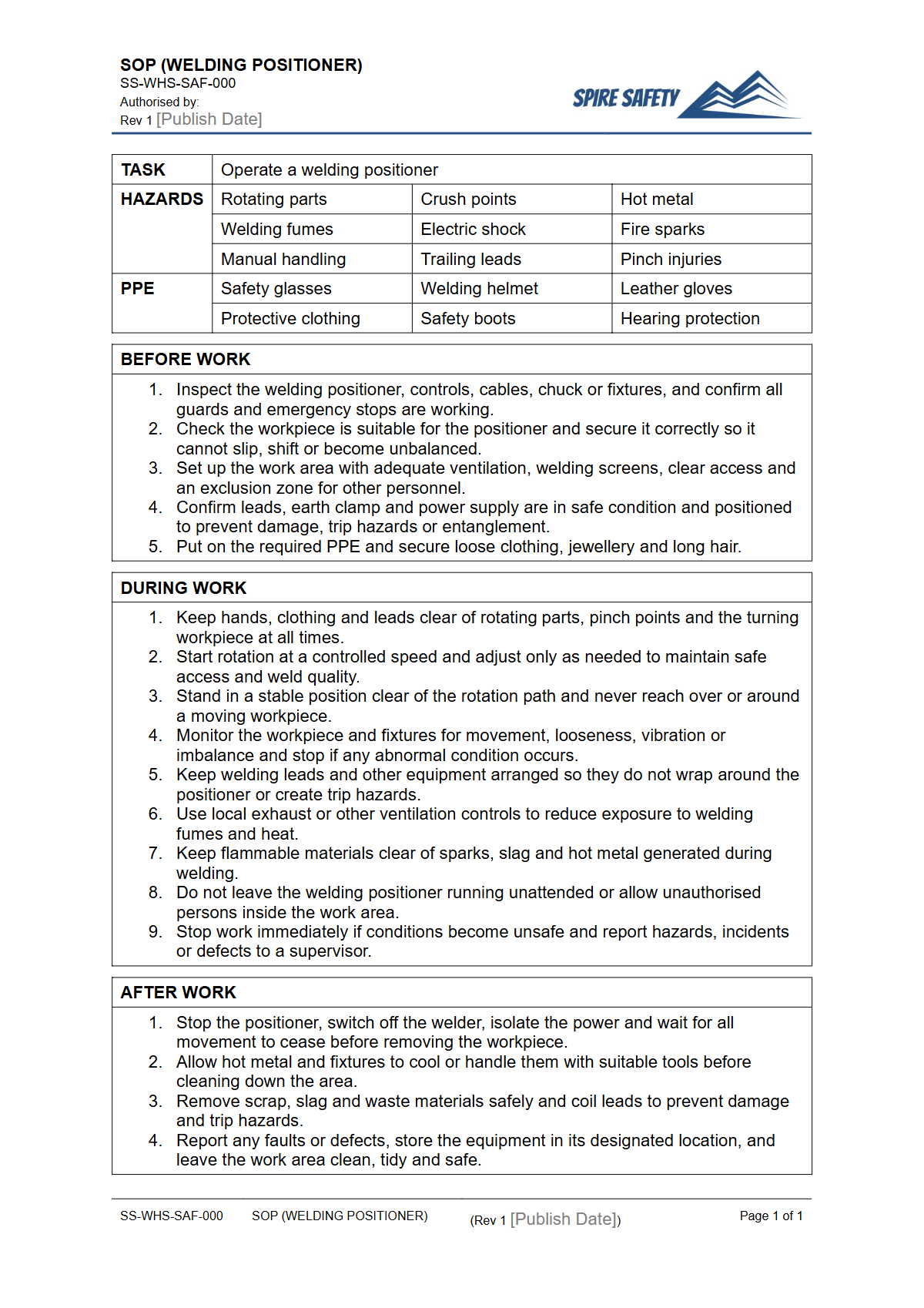 Free Safe Operating Procedure (Welding Positioner) Template — document preview