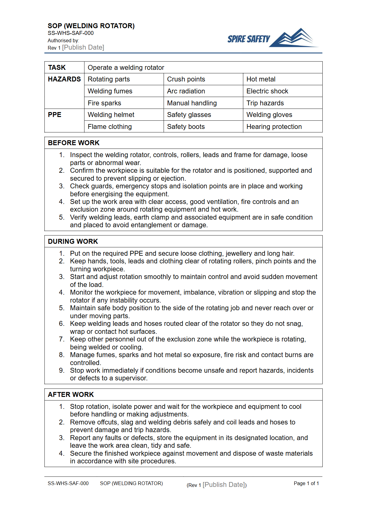 Free Safe Operating Procedure (Welding Rotator) Template — document preview