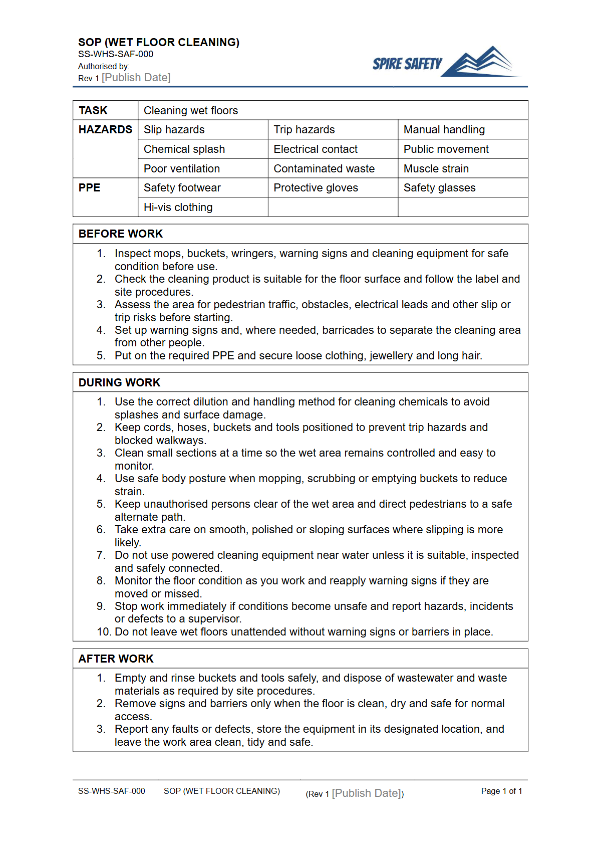Free Safe Operating Procedure (Wet Floor Cleaning) Template — document preview