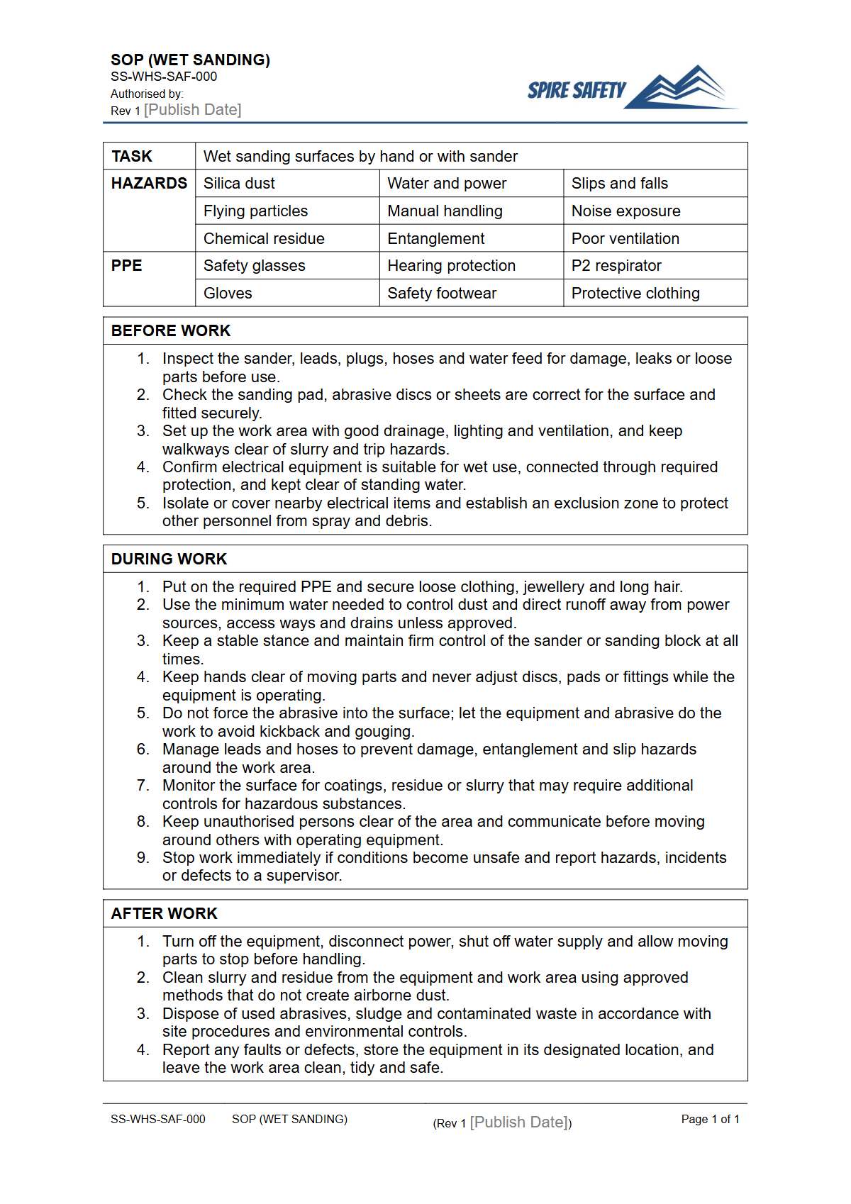 Free Safe Operating Procedure (Wet Sanding) Template — document preview