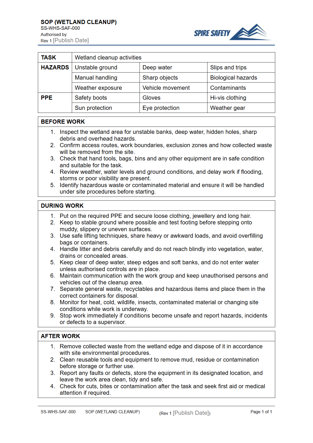 Free Safe Operating Procedure (Wetland Cleanup) Template — document preview