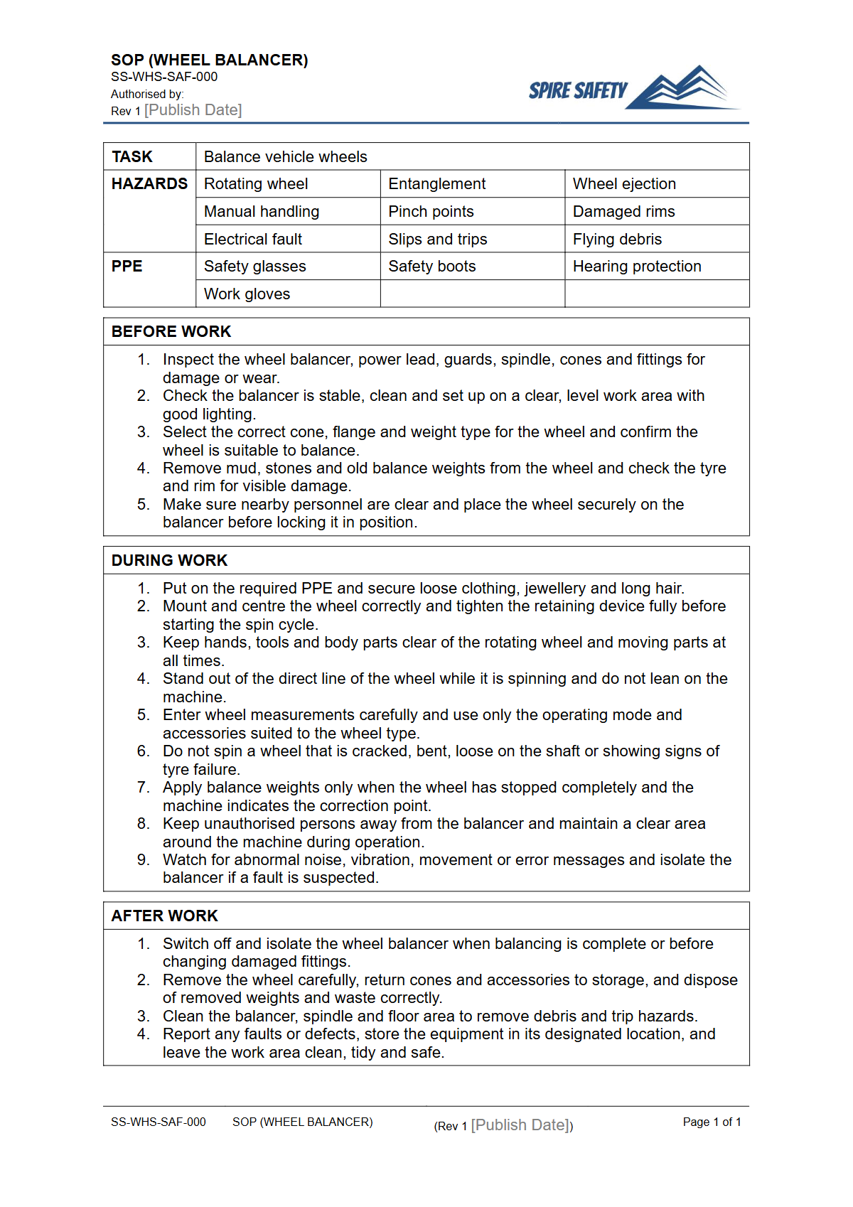 Free Safe Operating Procedure (Wheel Balancer) Template — document preview