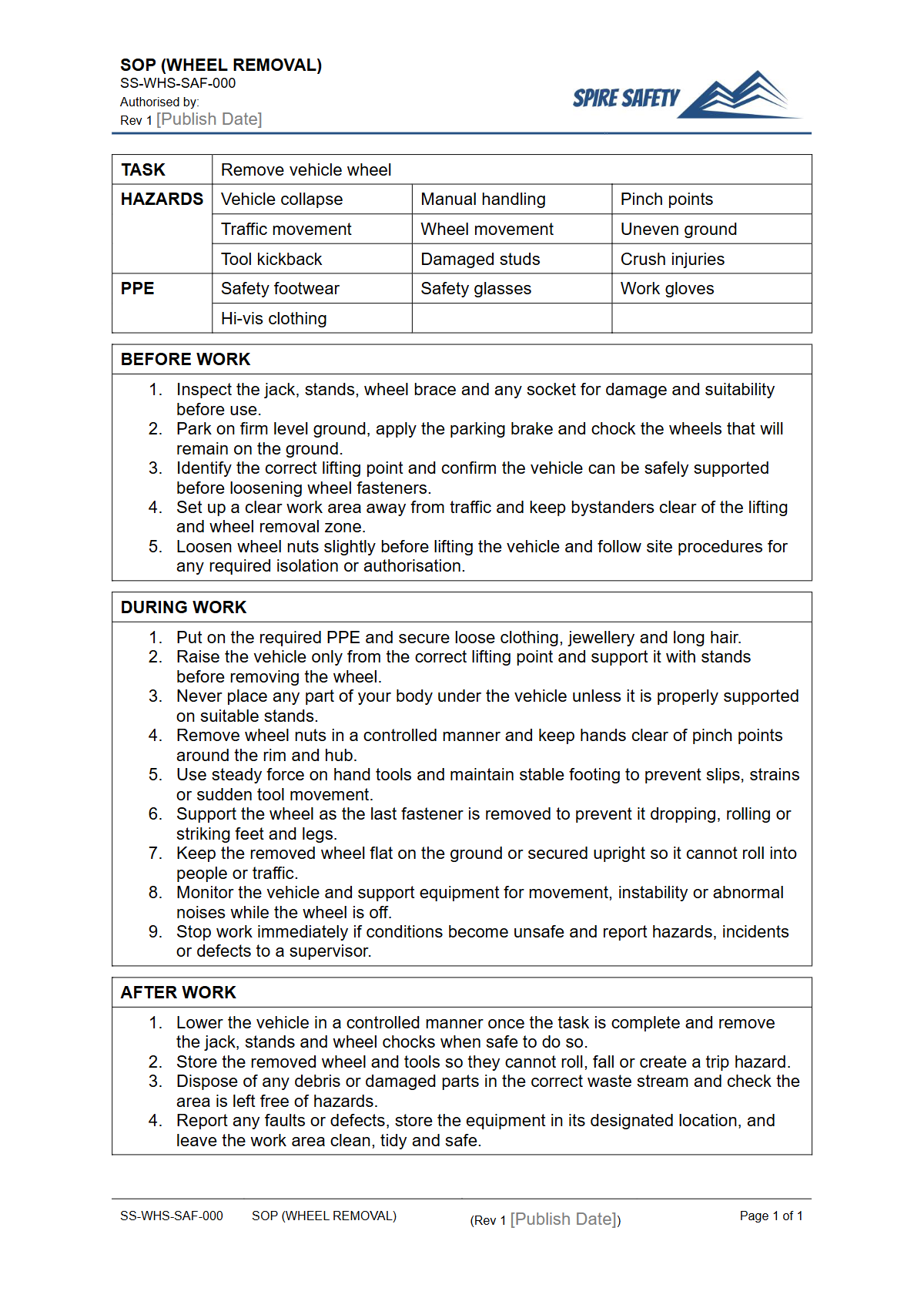 Free Safe Operating Procedure (Wheel Removal) Template — document preview