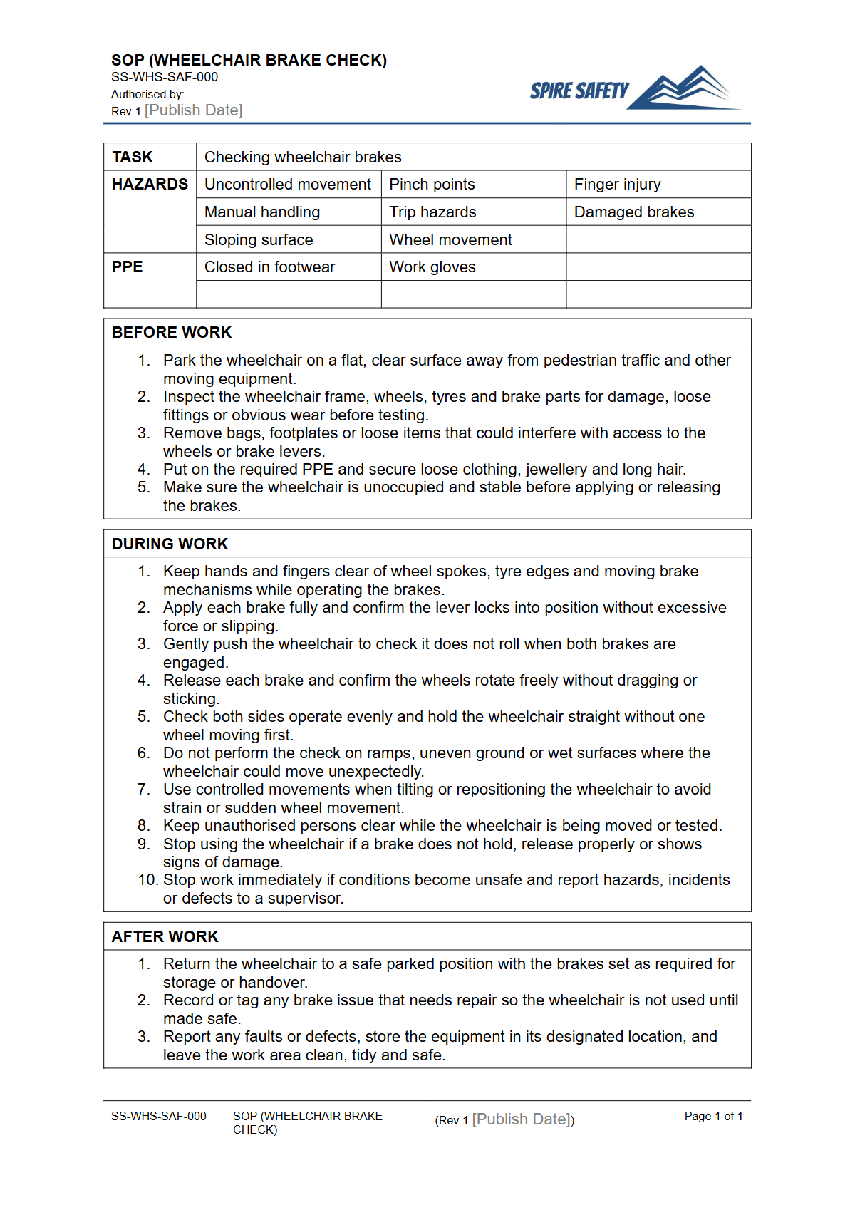 Free Safe Operating Procedure (Wheelchair Brake Check) Template — document preview