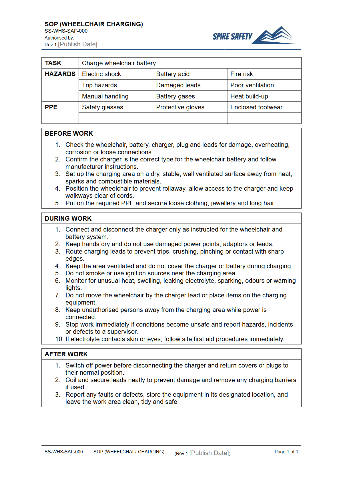 Free Safe Operating Procedure (Wheelchair Charging) Template — document preview