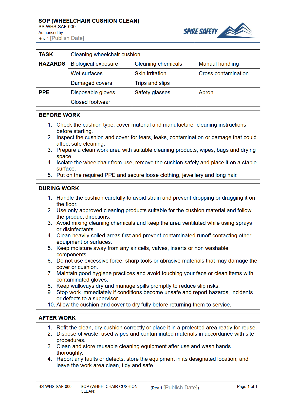 Free Safe Operating Procedure (Wheelchair Cushion Clean) Template — document preview