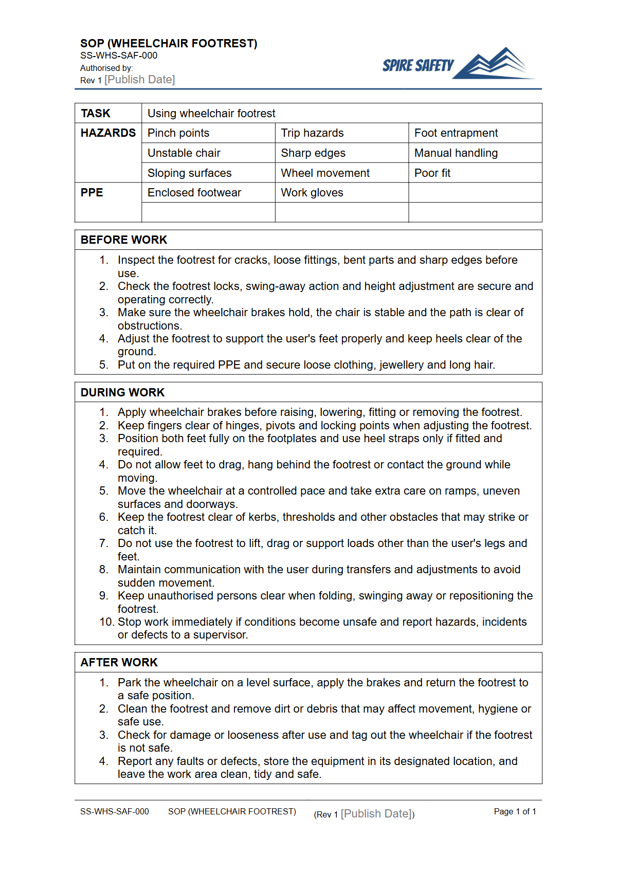 Free Safe Operating Procedure (Wheelchair Footrest) Template — document preview