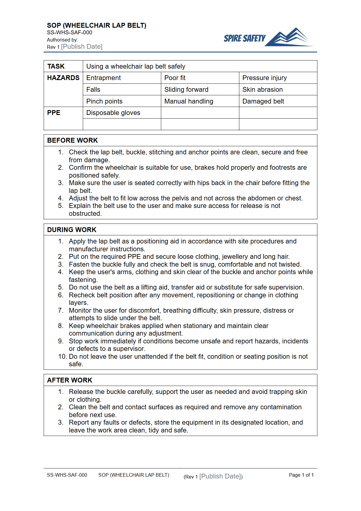 Free Safe Operating Procedure (Wheelchair Lap Belt) Template — document preview
