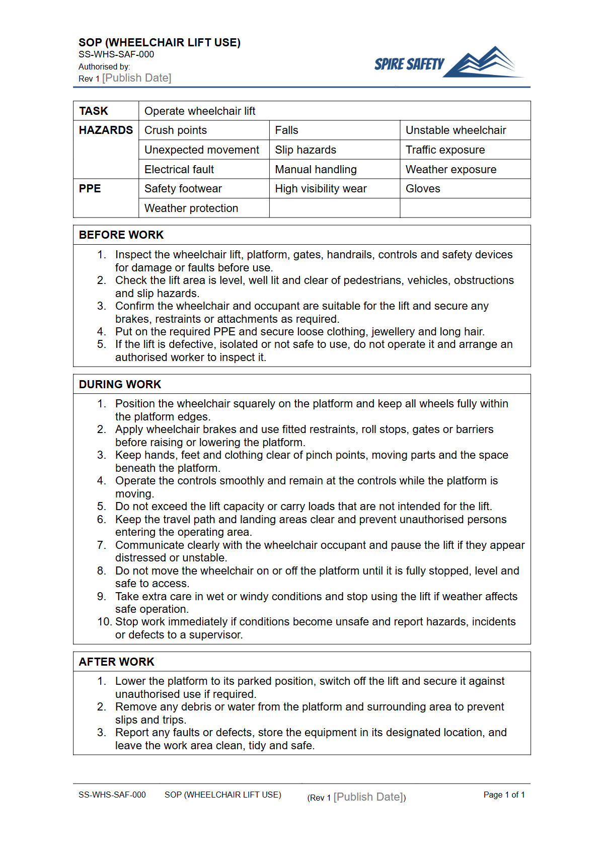 Free Safe Operating Procedure (Wheelchair Lift Use) Template — document preview