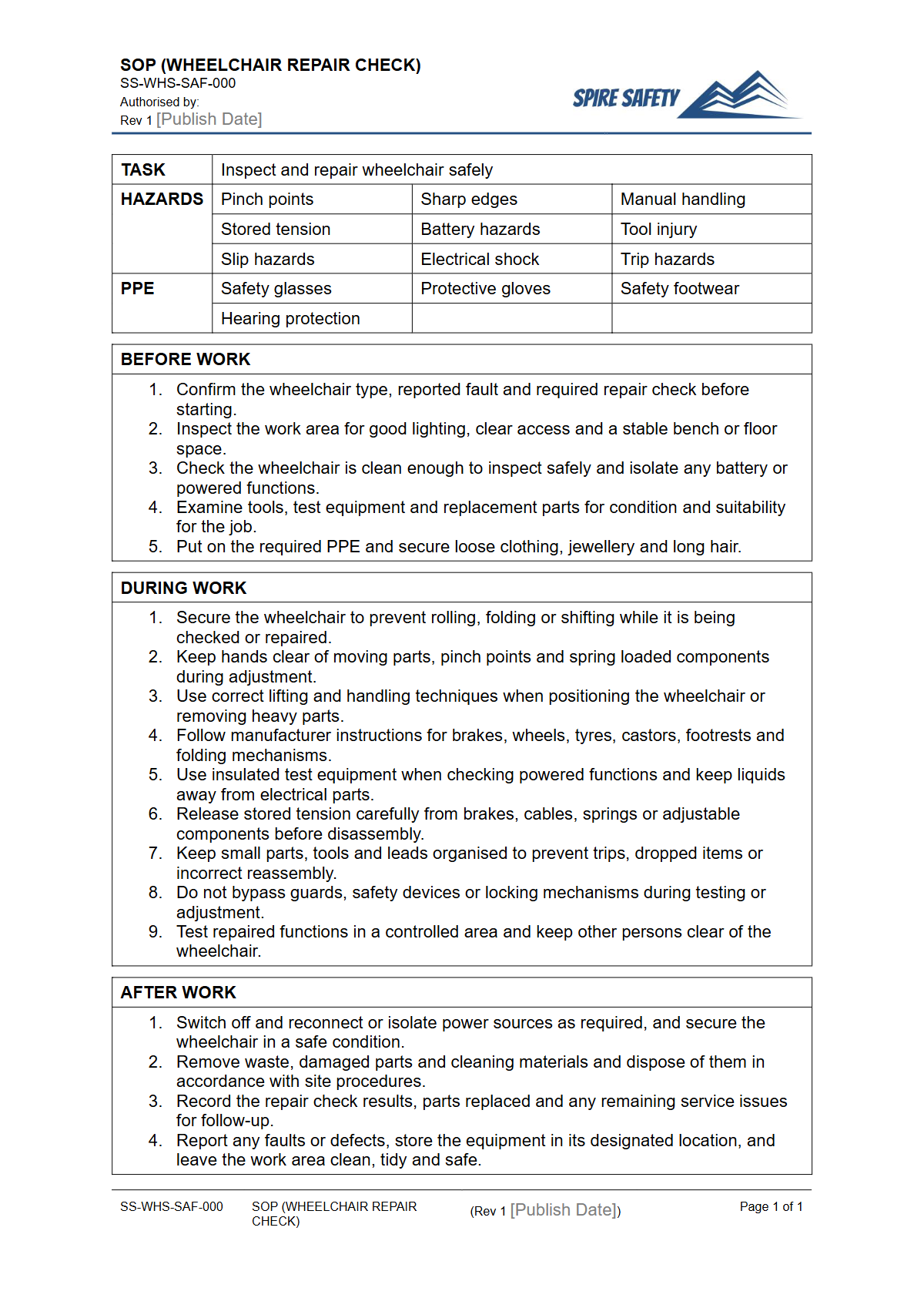 Free Safe Operating Procedure (Wheelchair Repair Check) Template — document preview