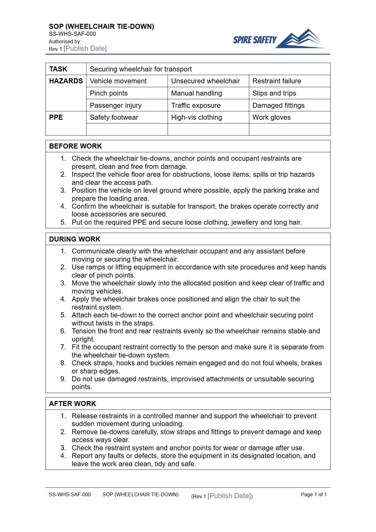 Free Safe Operating Procedure (Wheelchair Tie-Down) Template — document preview