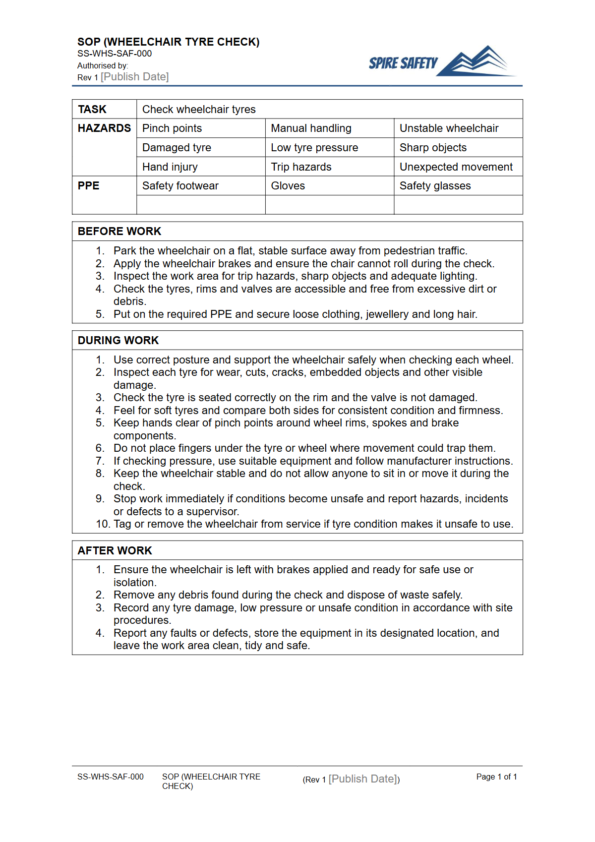 Free Safe Operating Procedure (Wheelchair Tyre Check) Template — document preview