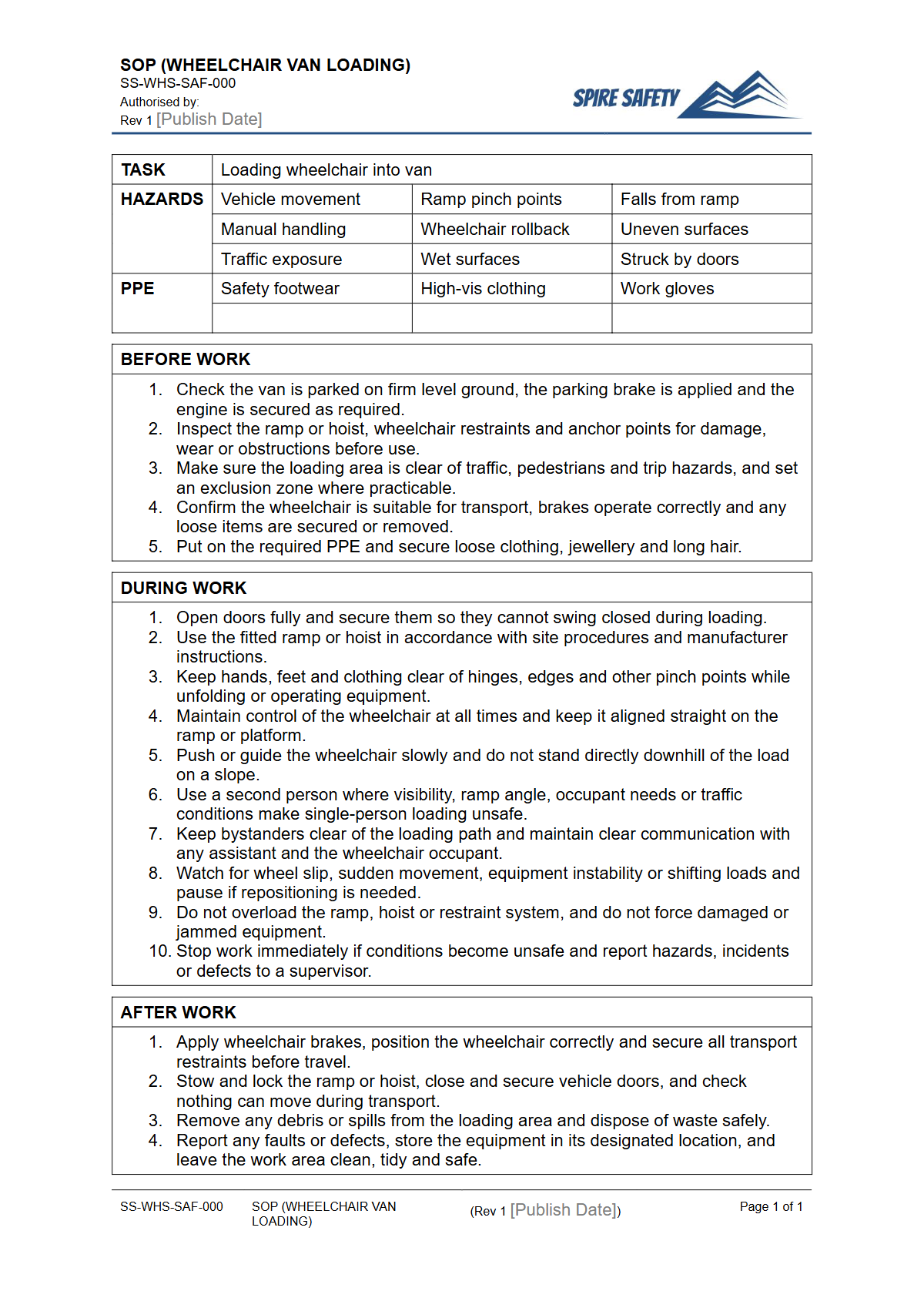 Free Safe Operating Procedure (Wheelchair Van Loading) Template — document preview