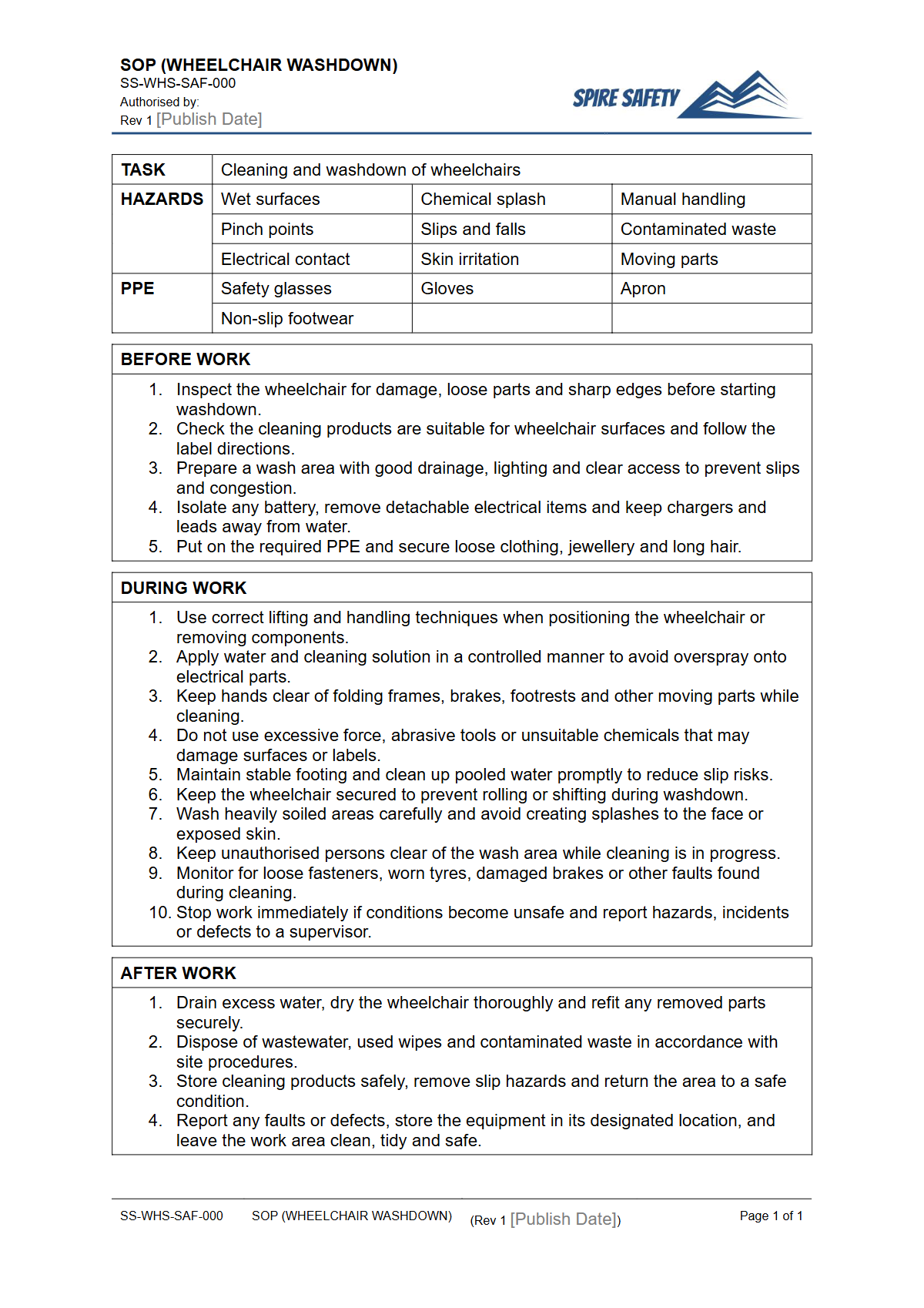 Free Safe Operating Procedure (Wheelchair Washdown) Template — document preview