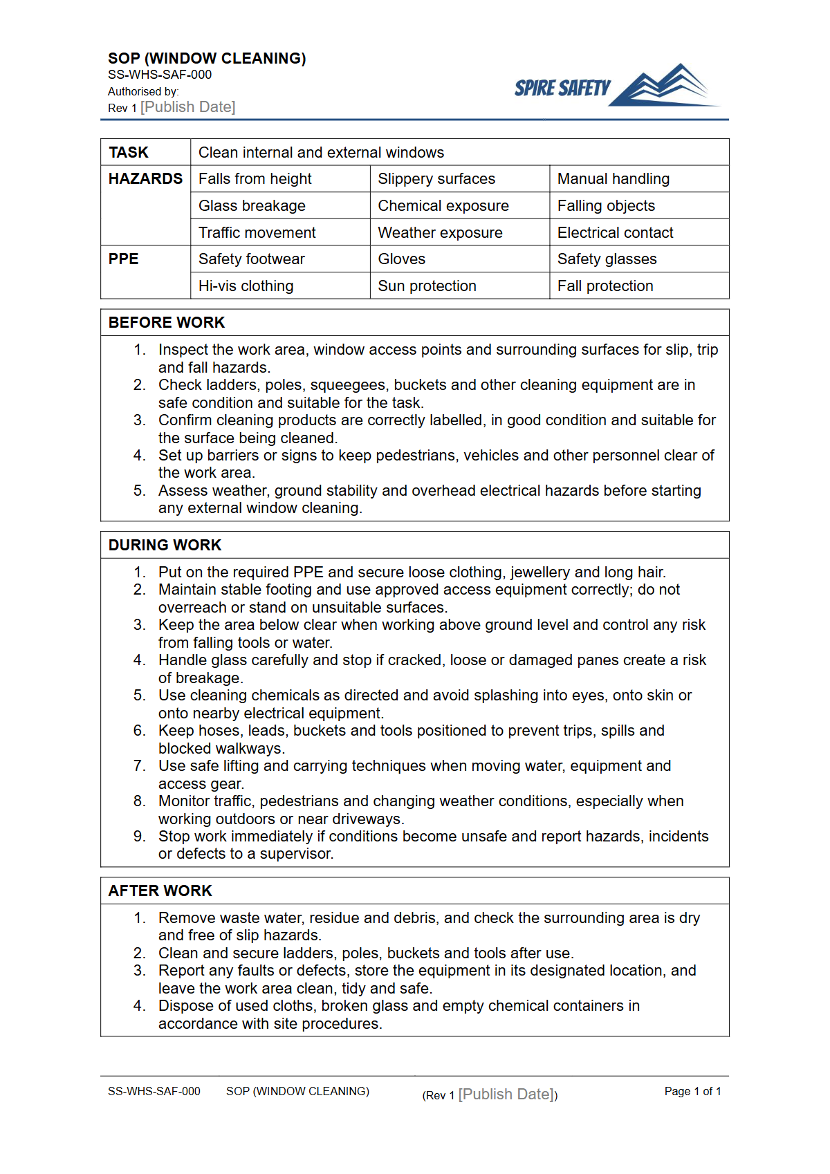 Free Safe Operating Procedure (Window Cleaning) Template — document preview