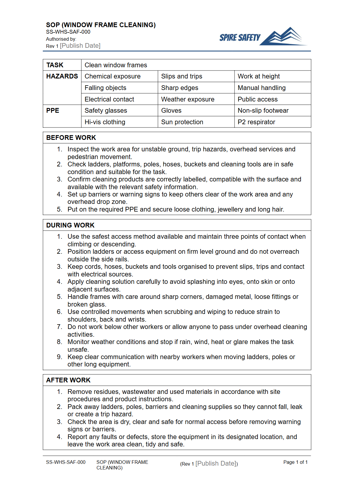 Free Safe Operating Procedure (Window Frame Cleaning) Template — document preview