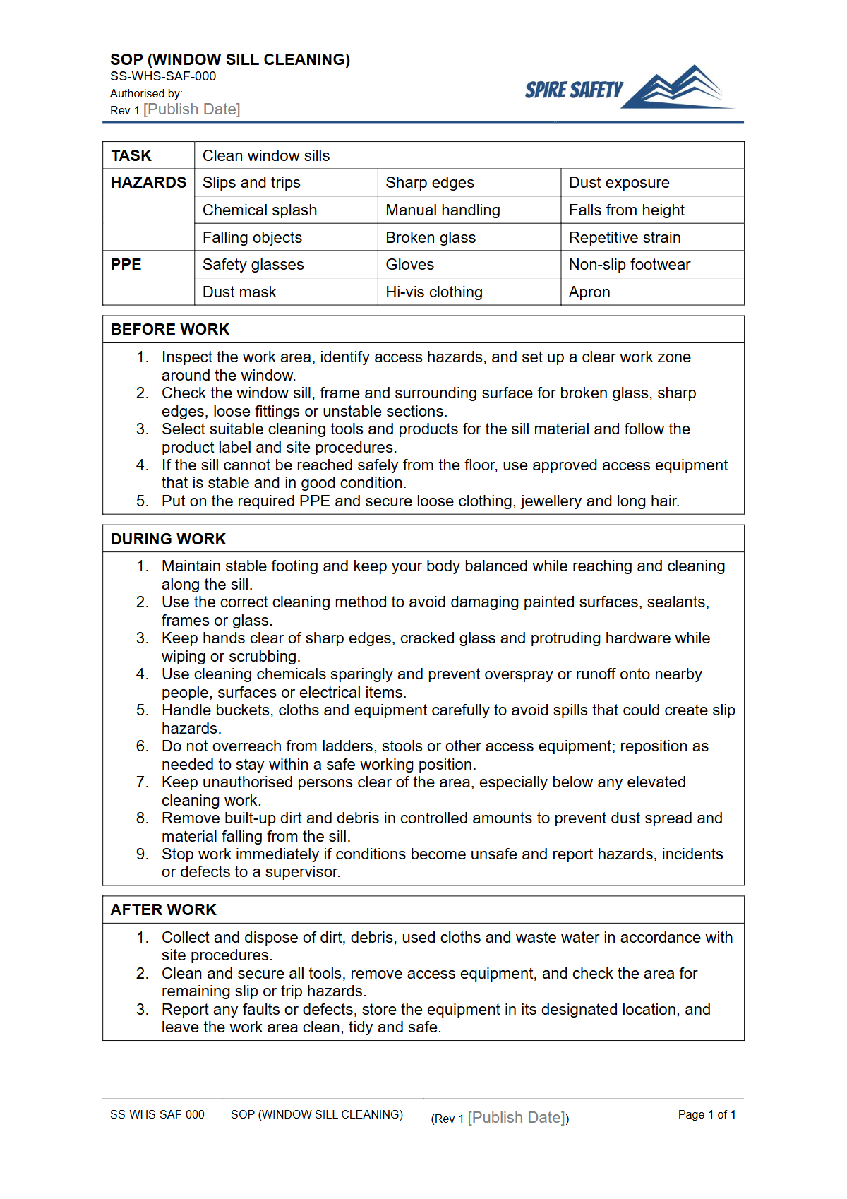 Free Safe Operating Procedure (Window Sill Cleaning) Template — document preview