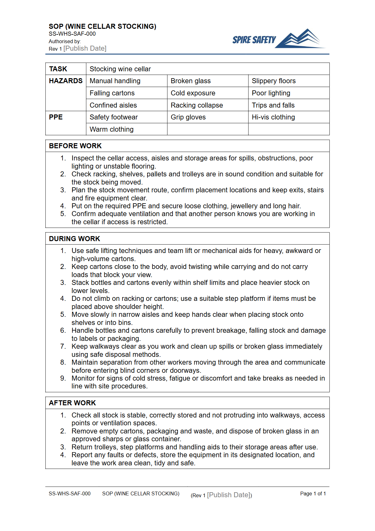 Free Safe Operating Procedure (Wine Cellar Stocking) Template — document preview