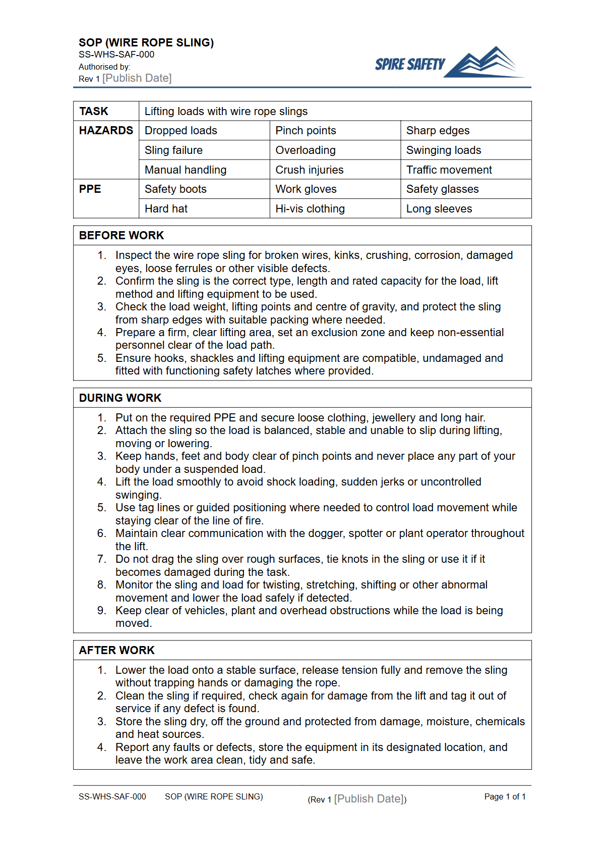 Free Safe Operating Procedure (Wire Rope Sling) Template — document preview