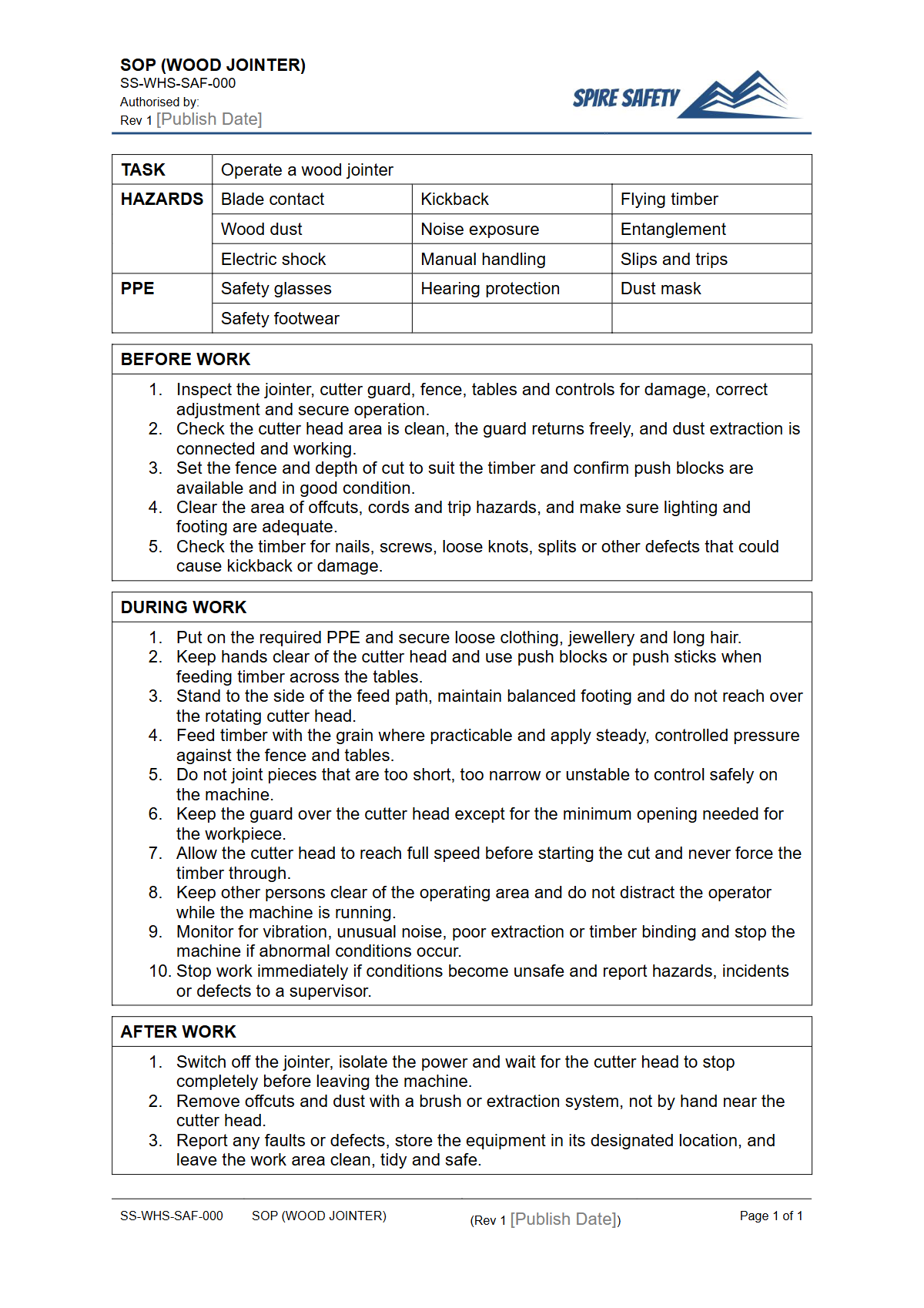 Free Safe Operating Procedure (Wood Jointer) Template — document preview