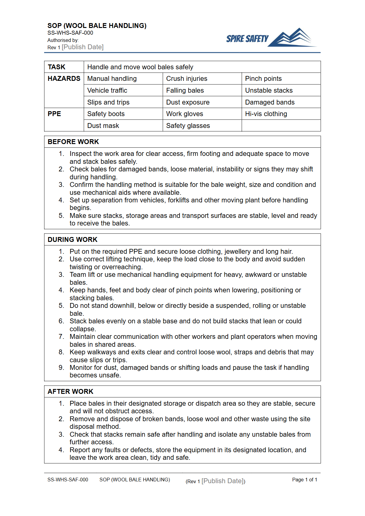 Free Safe Operating Procedure (Wool Bale Handling) Template — document preview