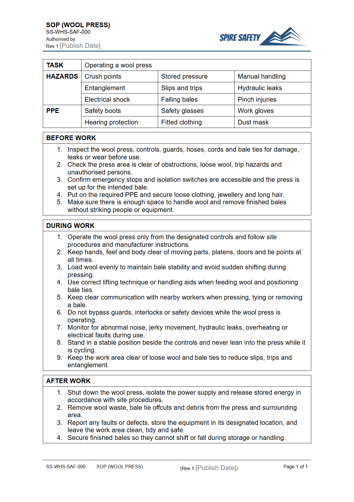 Free Safe Operating Procedure (Wool Press) Template