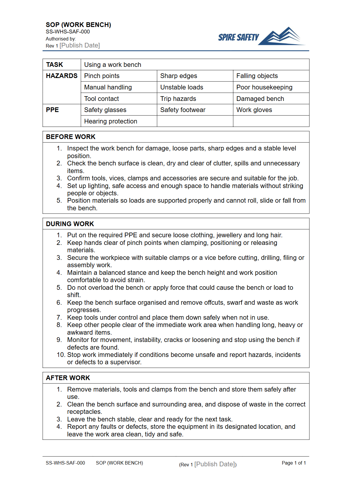 Free Safe Operating Procedure (Work Bench) Template