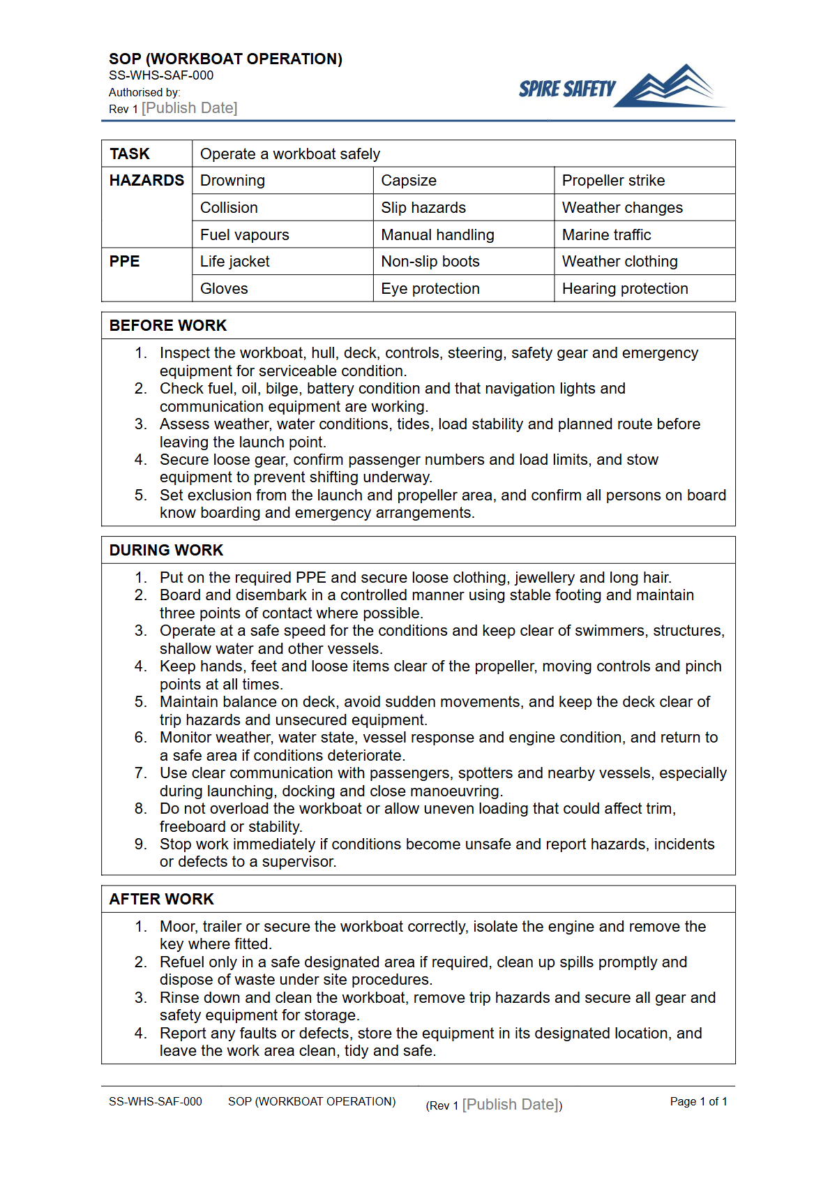 Free Safe Operating Procedure (Workboat Operation) Template