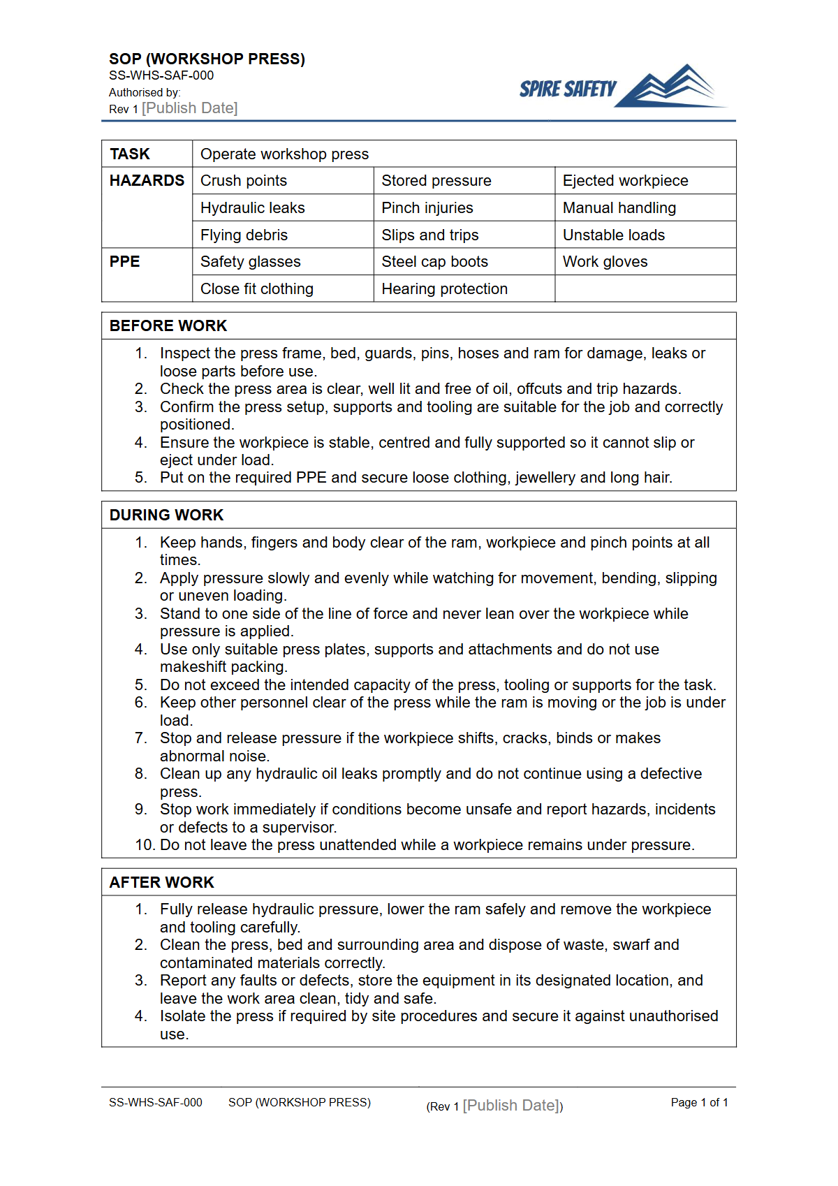 Free Safe Operating Procedure (Workshop Press) Template