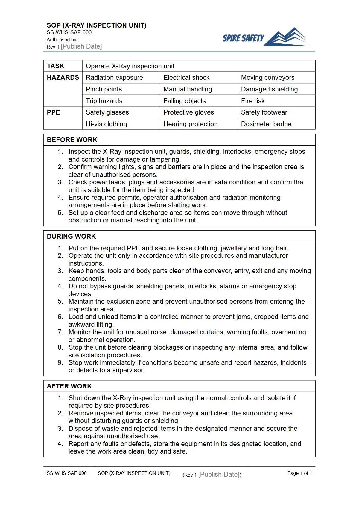 Free Safe Operating Procedure (X-Ray Inspection Unit) Template